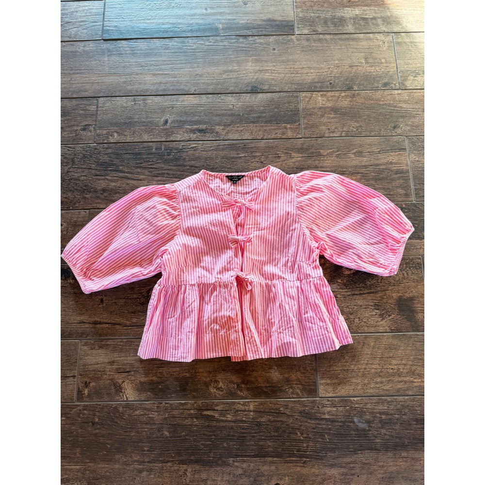 Velvet Heart Pink White Striped‎ Puff Sleeve Bow Front Peplum Blouse
